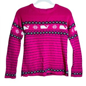 Vineyard Vines Girls Gogi Berry Pink Whale Isle Classic Crew Pullover Sweater, M